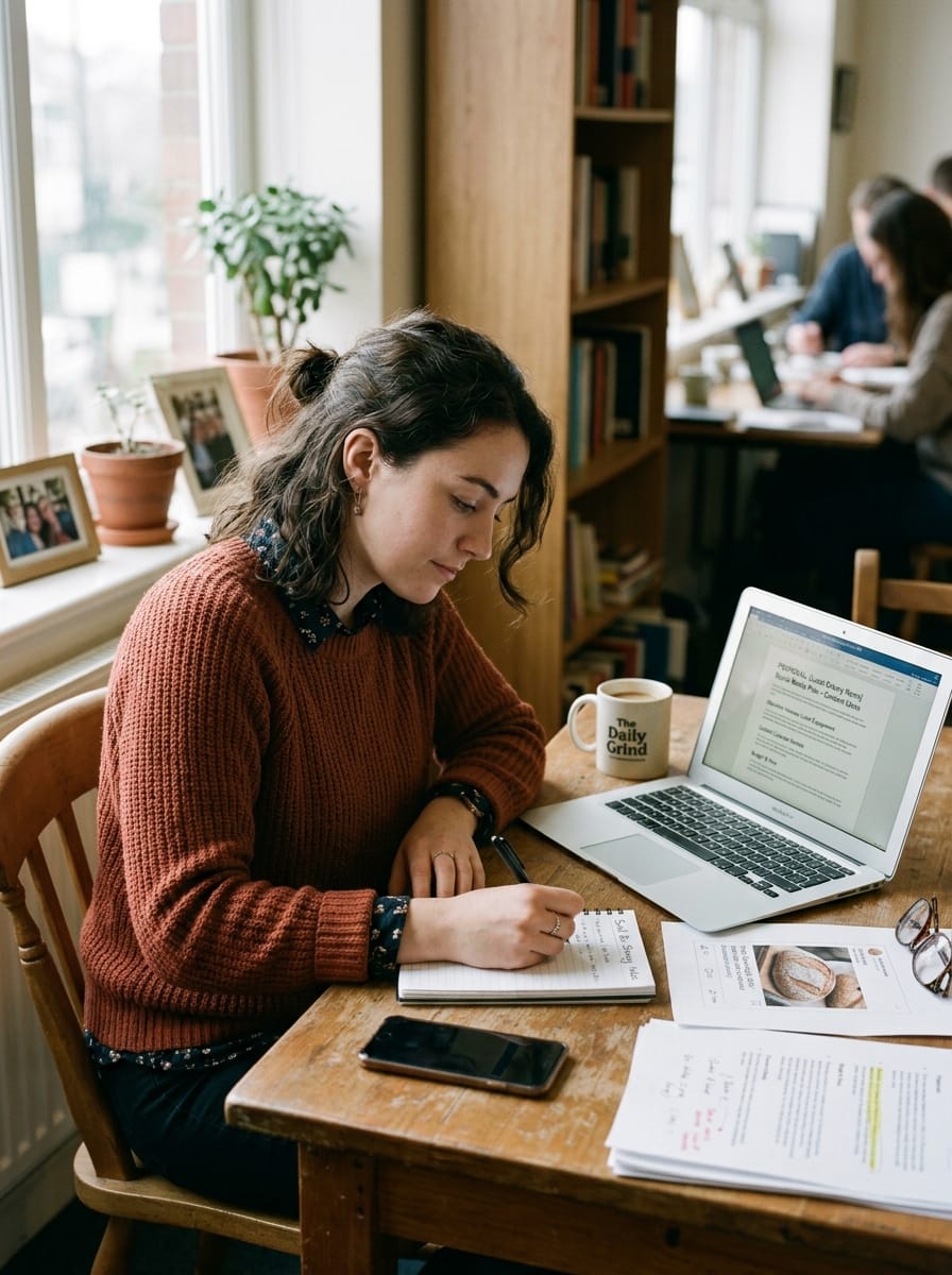 Community manager indépendante préparant une offre pour une petite entreprise locale