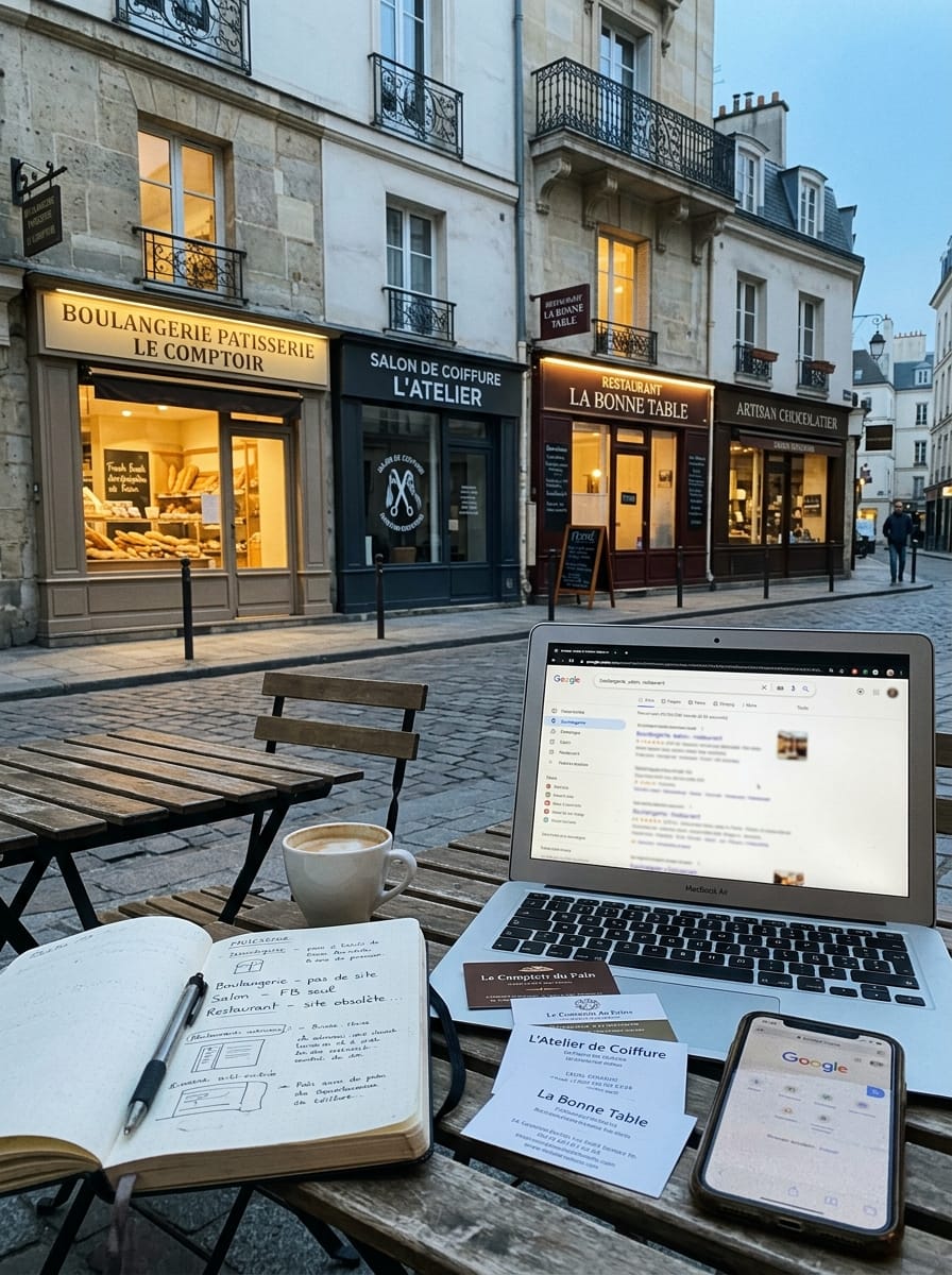 Rue commerçante française et recherche sur la présence Web des petites entreprises