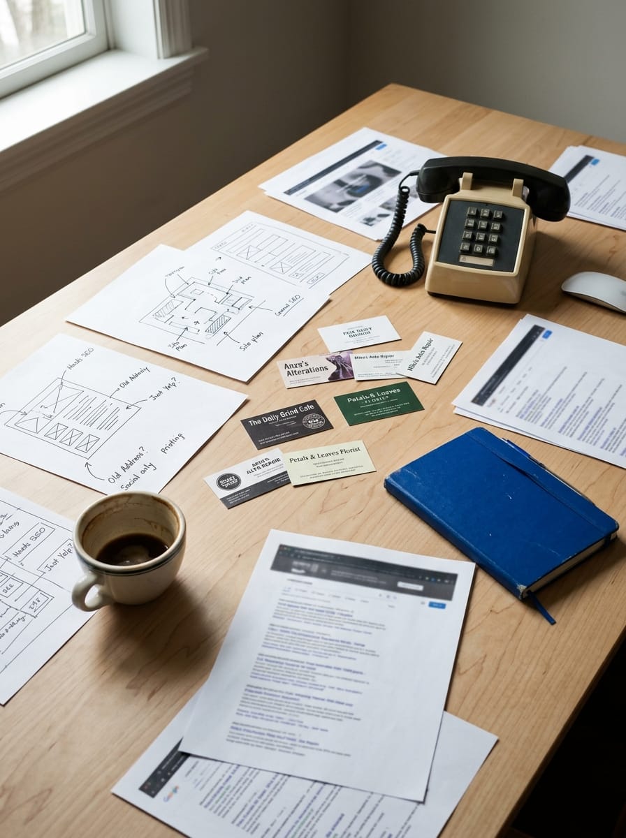 Documents, cartes de visite et smartphone illustrant une présence Web fragmentée