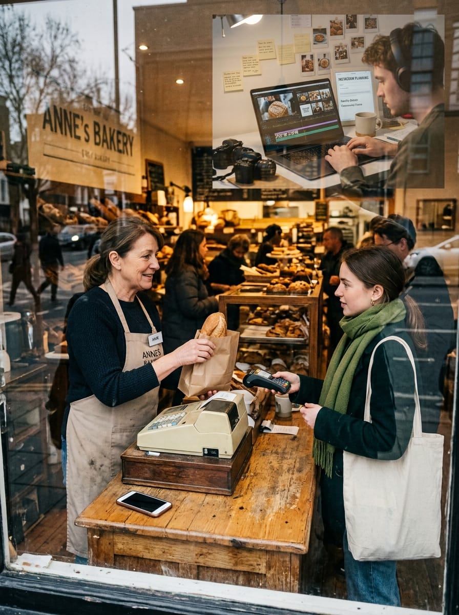 Commerçant gardant la relation client pendant qu'une créatrice prépare ses contenus Instagram
