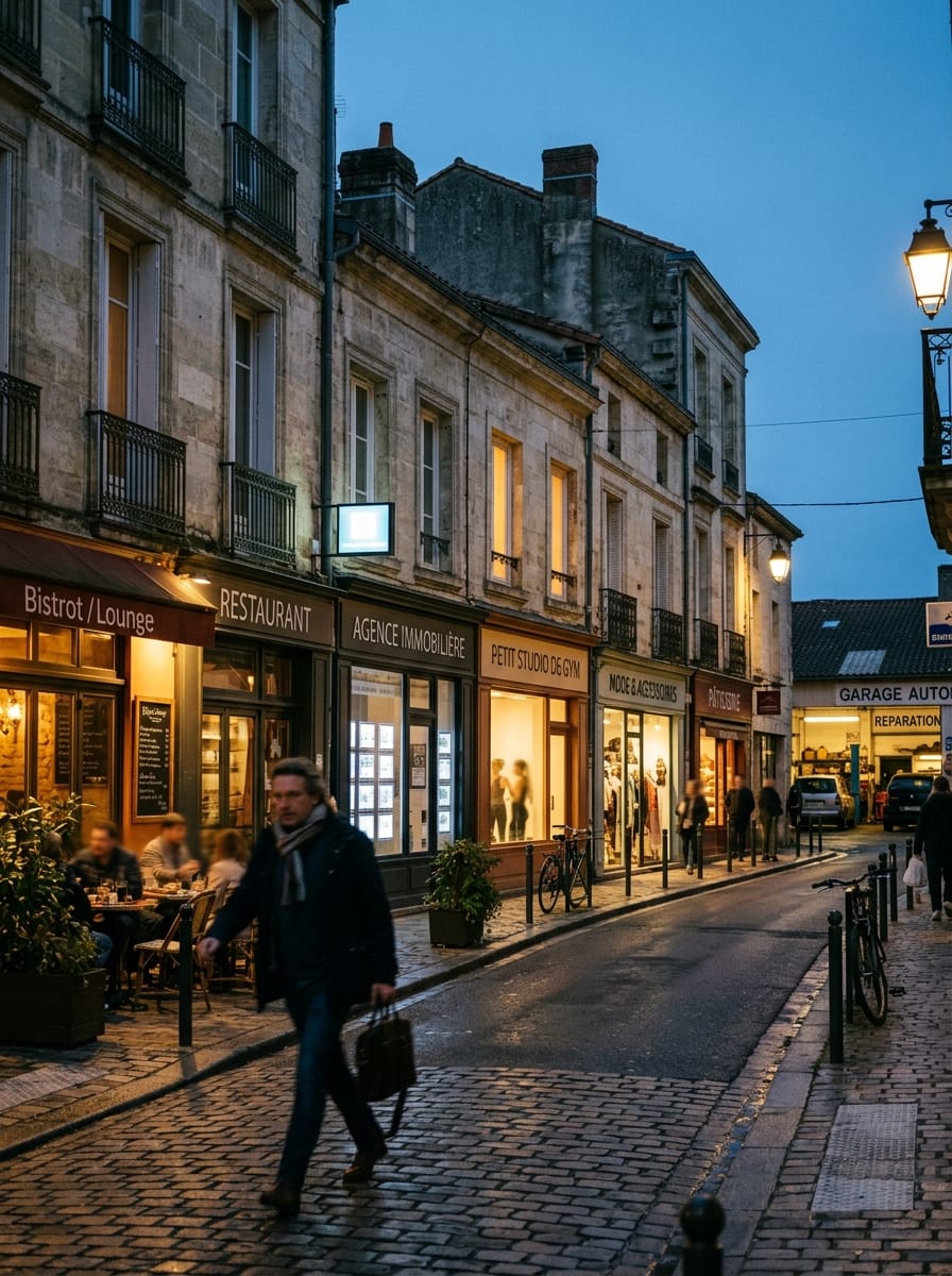 Rue commerçante réunissant plusieurs secteurs d'activité avec différents niveaux de présence numérique