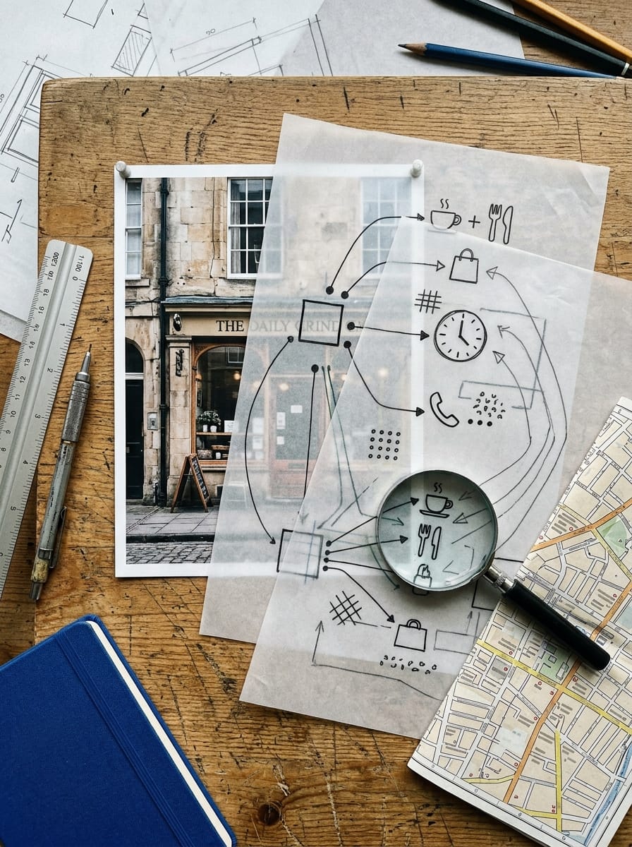Plan d'architecte numérique d'un commerce avec adresse, horaires et informations locales structurées