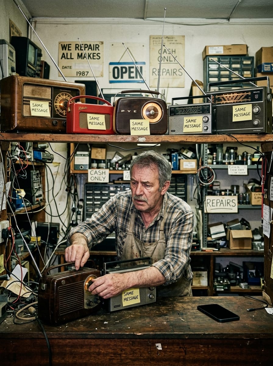 Petite entreprise entourée de plusieurs canaux de communication illustrant la difficulté d'être partout