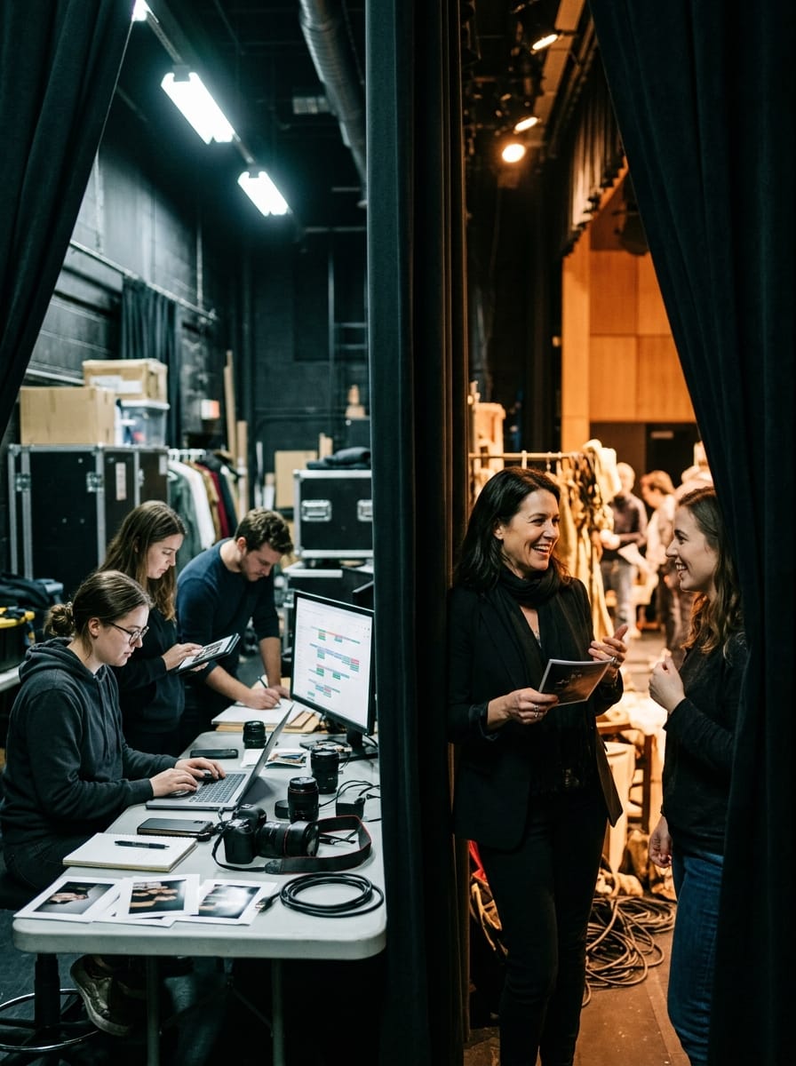 Dirigeante échangeant avec un client pendant qu’une équipe prépare ses contenus en coulisses