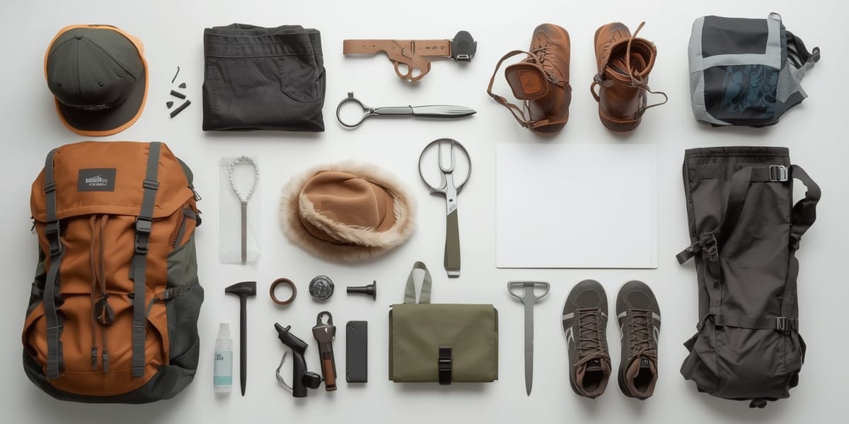 premium dog hiking gear flatlay