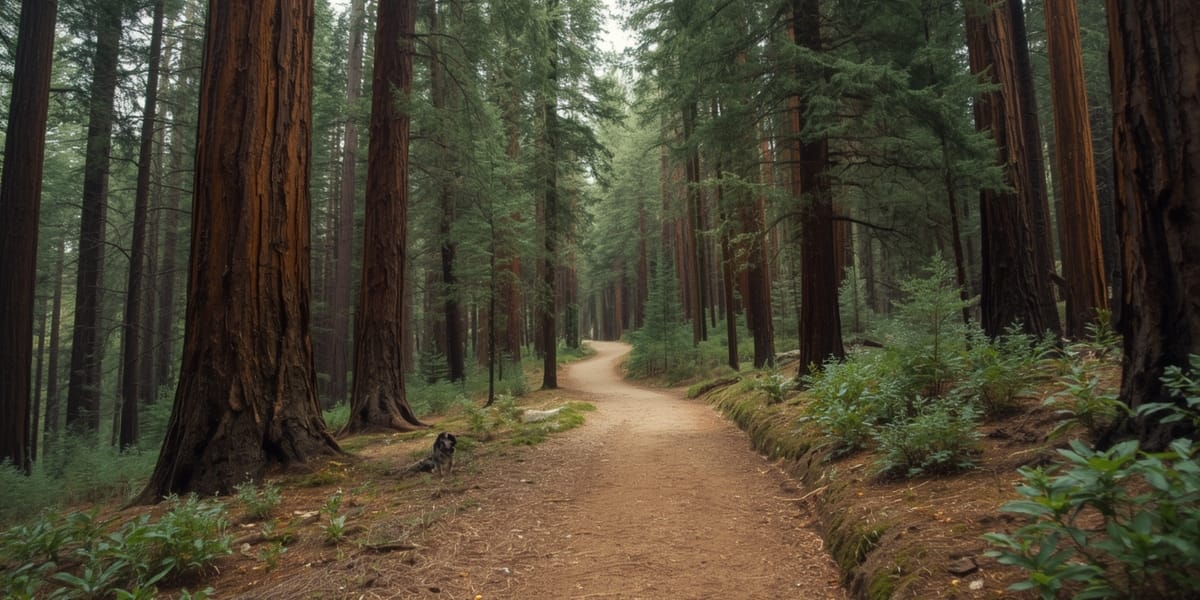 cinematic sequoia forest dog trail