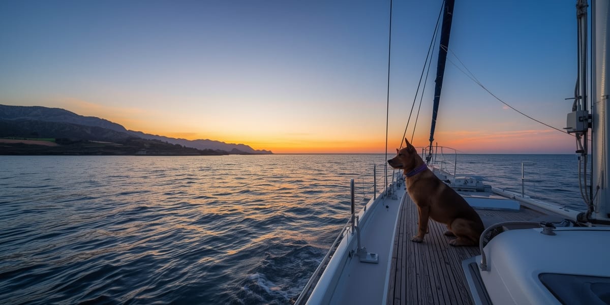 California coast yacht dog sunset