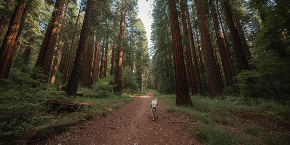 cinematic sequoia forest dog trail