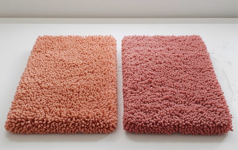 two small handmade tufted rugs side by side on table, minimal