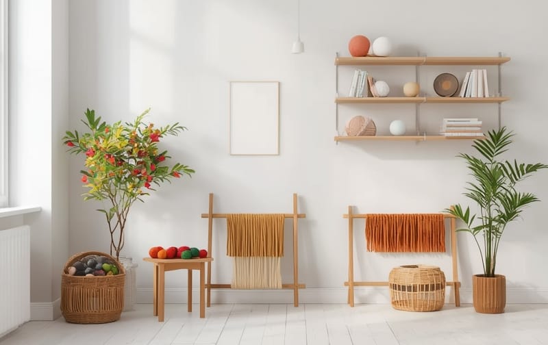 bright craft studio interior with yarn shelves and tufting frames, minimal