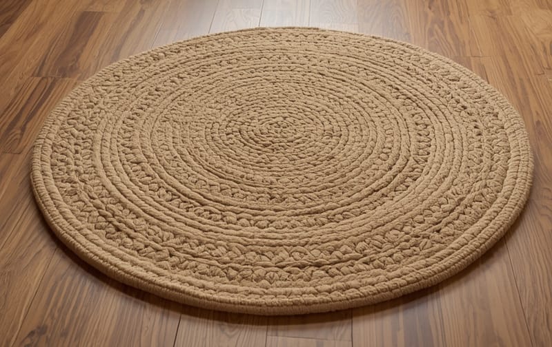 small round handmade tufted rug on wooden floor, minimal