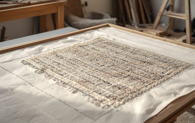 sketching rug design on tufting frame cloth, craft studio, natural light