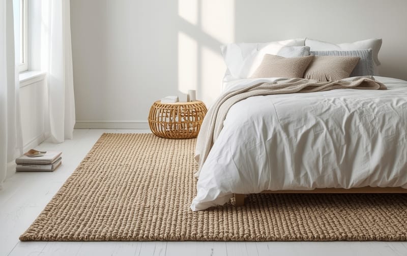 medium handmade tufted rug beside bed, soft daylight, minimal interior
