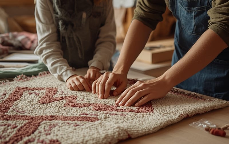 couple making tufted rug together in craft studio, warm light