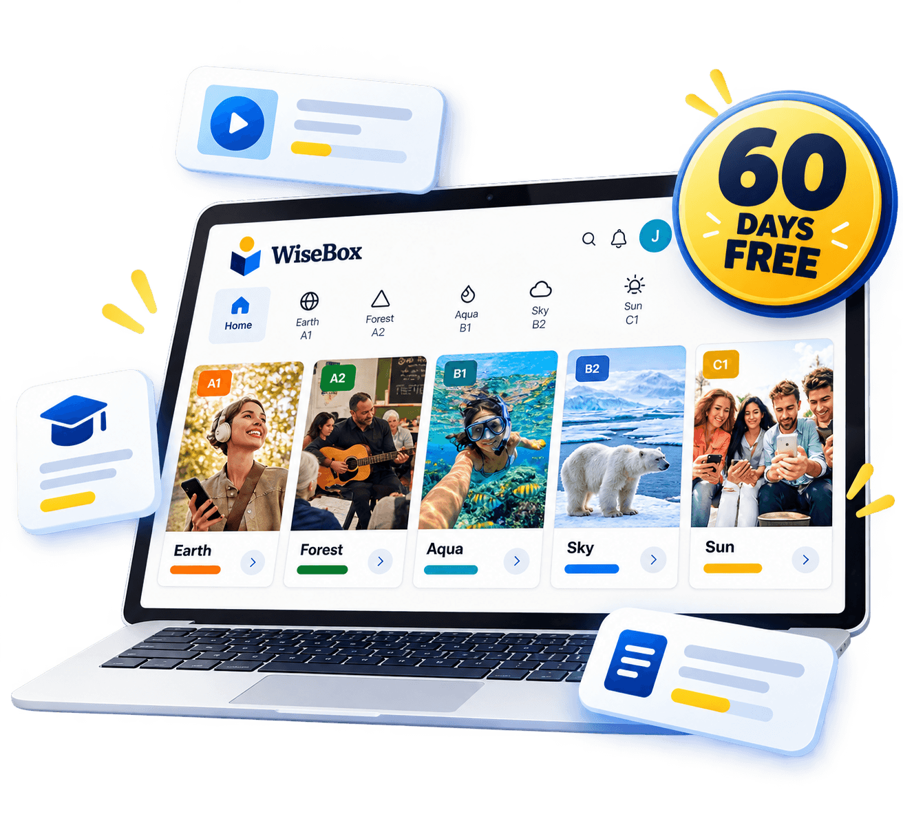 WiseBox 60-day free access and five English course levels