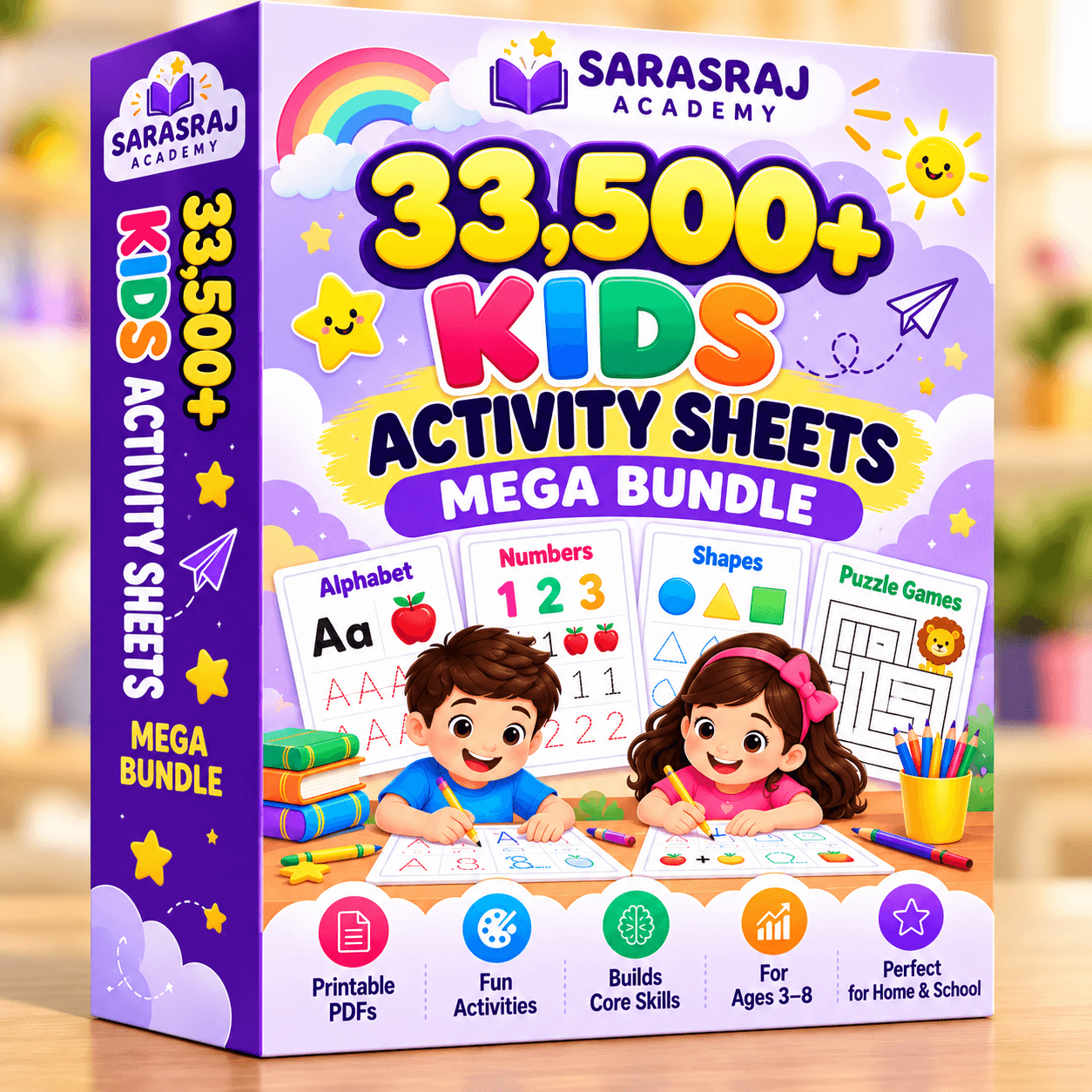 Preview mockup of the 33,500+ Kids Activity Sheets Mega Bundle