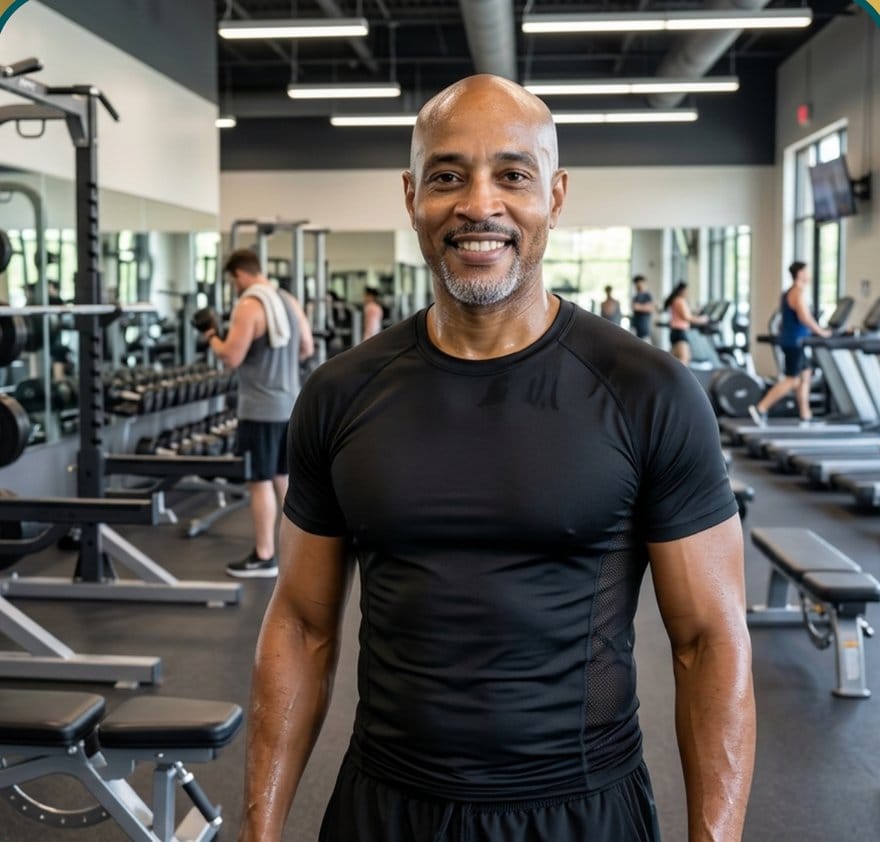 smiling bald man portrait gym