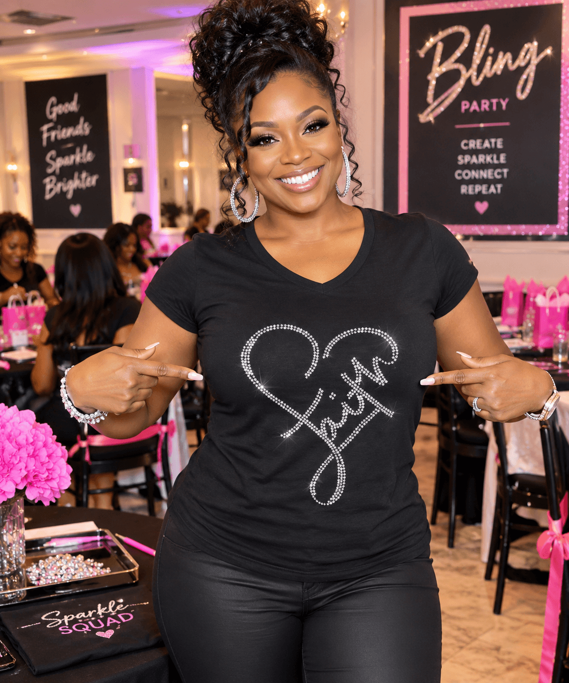 Woman wearing a faith rhinestone shirt at a Bling Party
