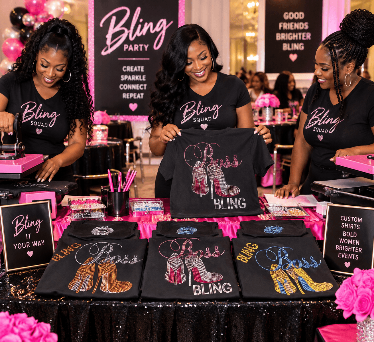 Rhinestone shirts and supplies prepared for a Bling Party