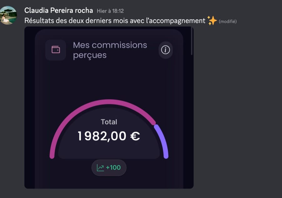 Message Discord de Claudia : 1 982 € de commissions perçues sur ses deux derniers mois