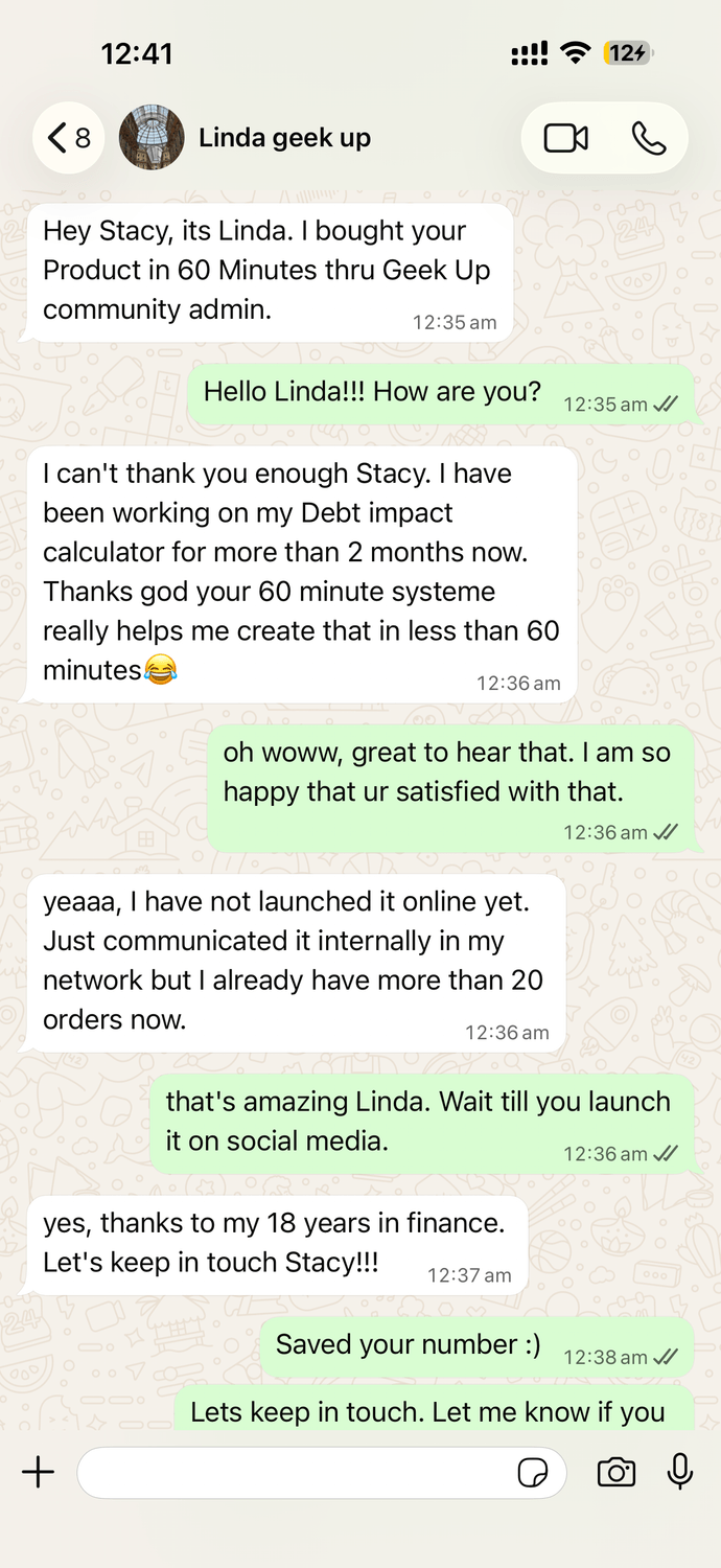 Chat screenshot: a customer describes building their debt impact calculator with the system