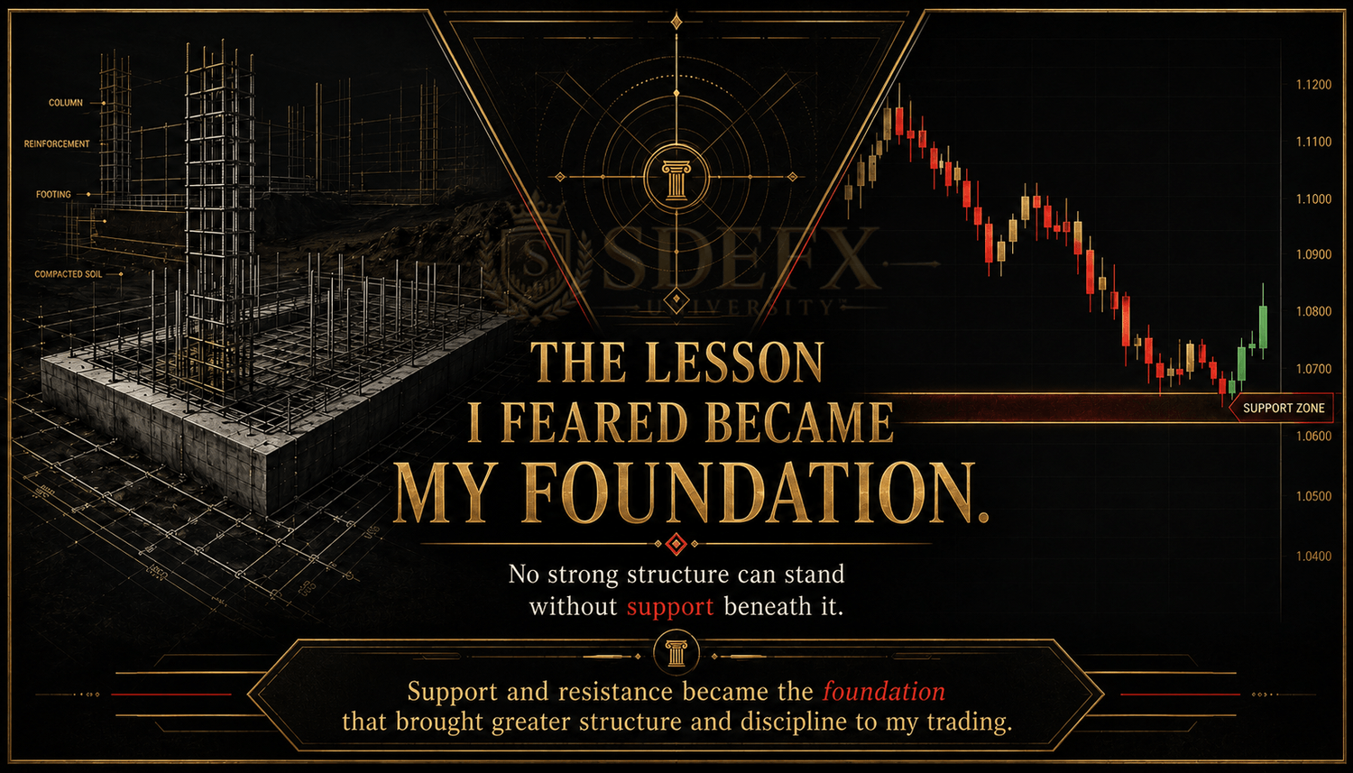 Yusef Scott comparing a real-estate foundation with support and resistance levels in trading