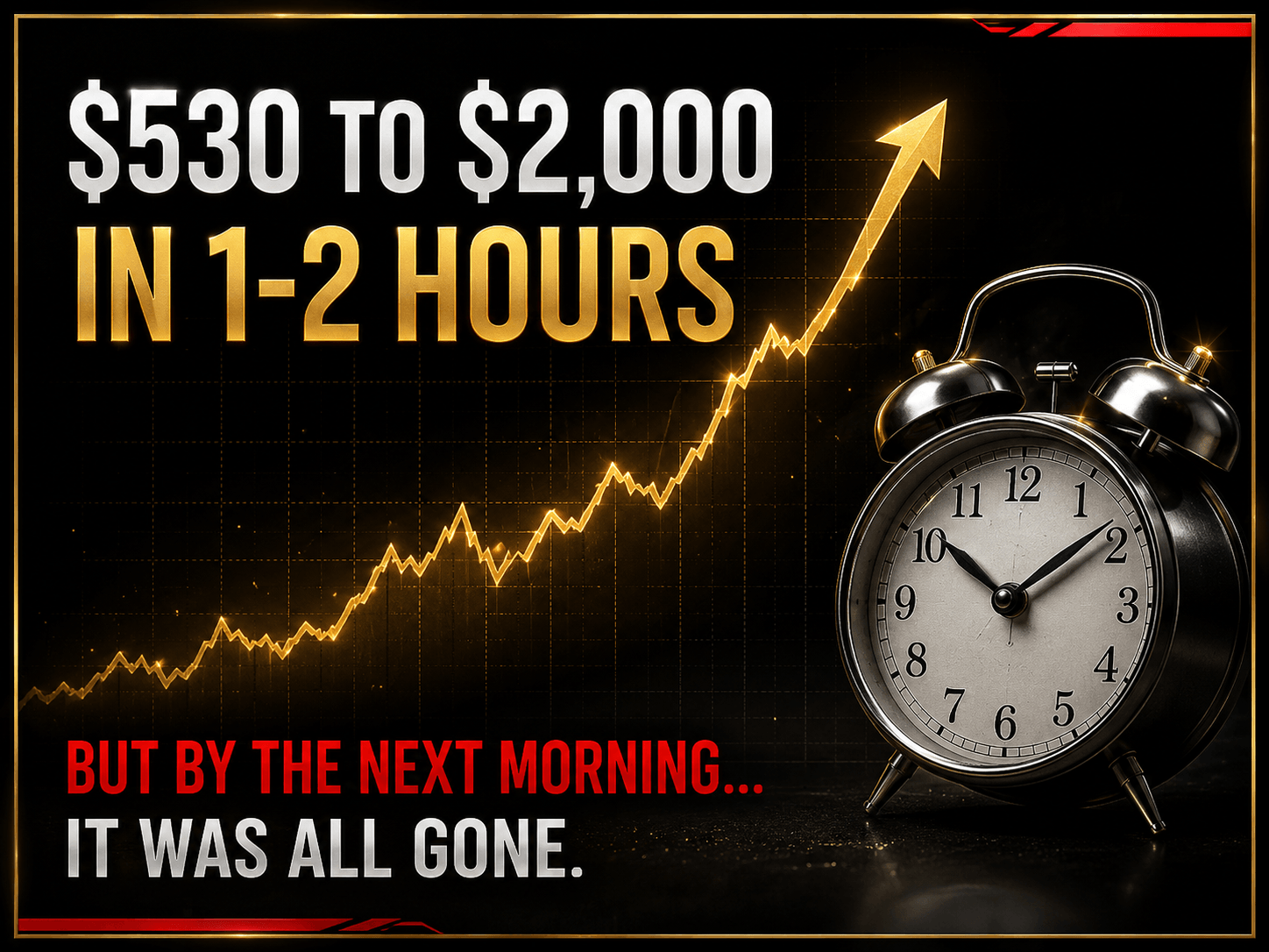 Trading graphic showing an account increasing from $530 to $2,000 in one to two hours before the money was lost by the next morning.