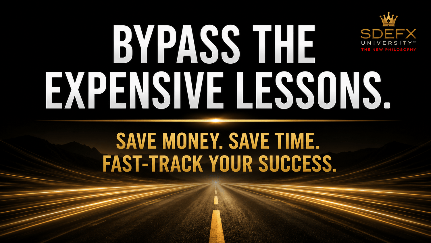 Trading education graphic encouraging beginners to avoid expensive market lessons by practicing on demo before trading live.