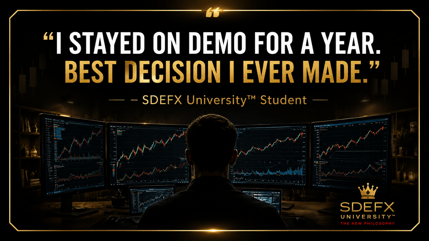 SDEFX University student testimonial stating that remaining on demo for one year was the best trading decision the student made.