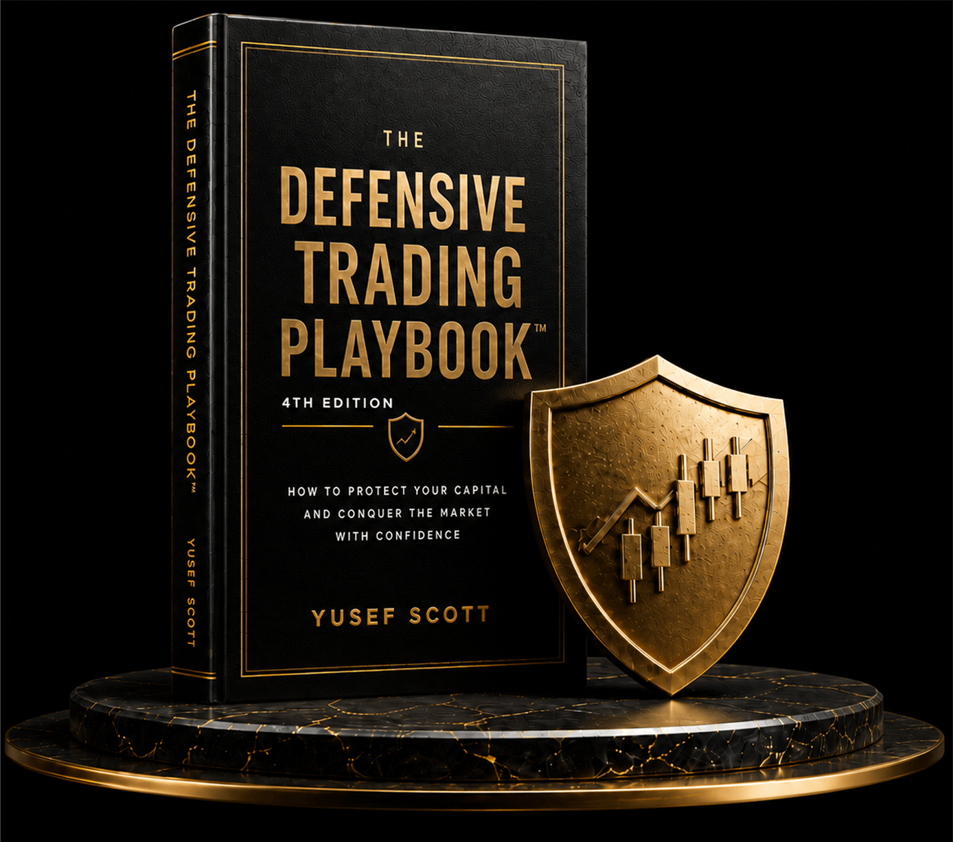 The Defensive Trading Playbook™ 4th Edition by Yusef Scott beside a gold candlestick shield on a black marble base.