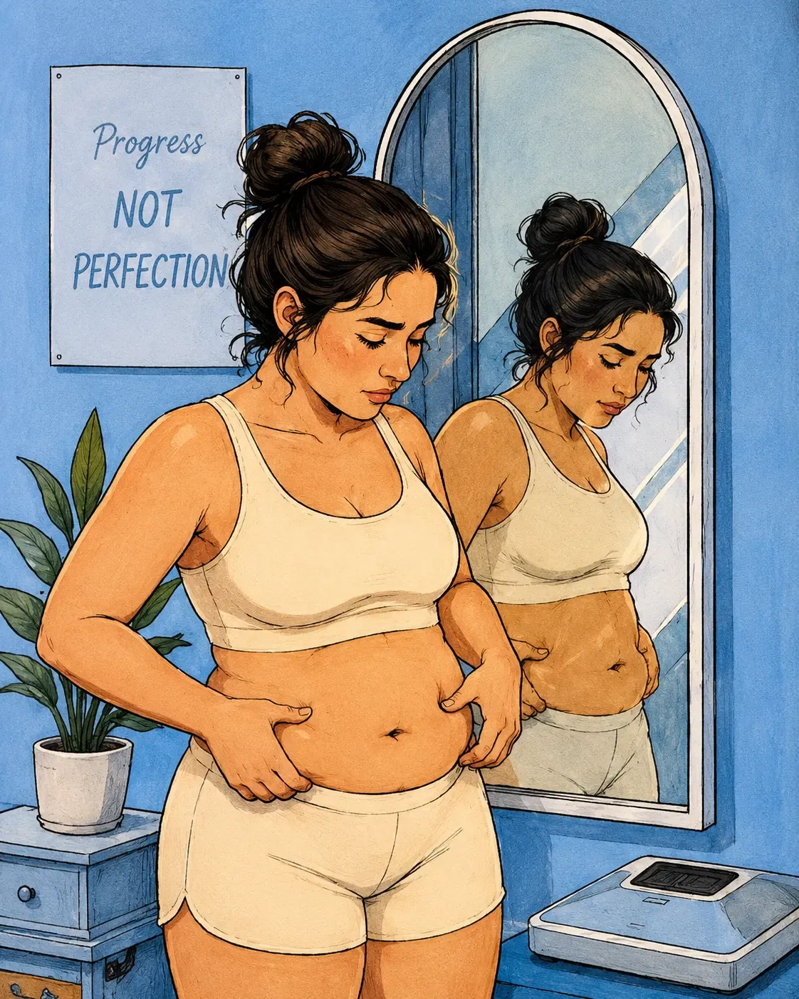 Woman checking midsection in mirror with Progress  Not Perfection sign — GLP-1 weight loss journey by AllGLP