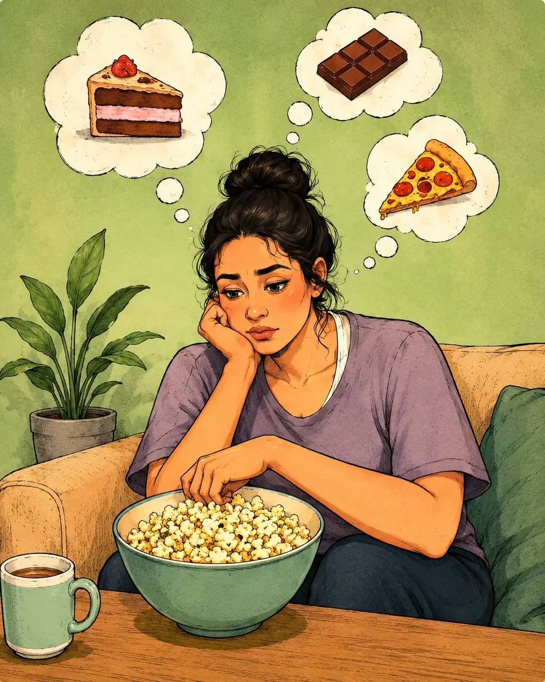 Woman experiencing food noise cravings for cake  chocolate and pizza while on GLP-1 medication —  food noise relapse by AllGLP