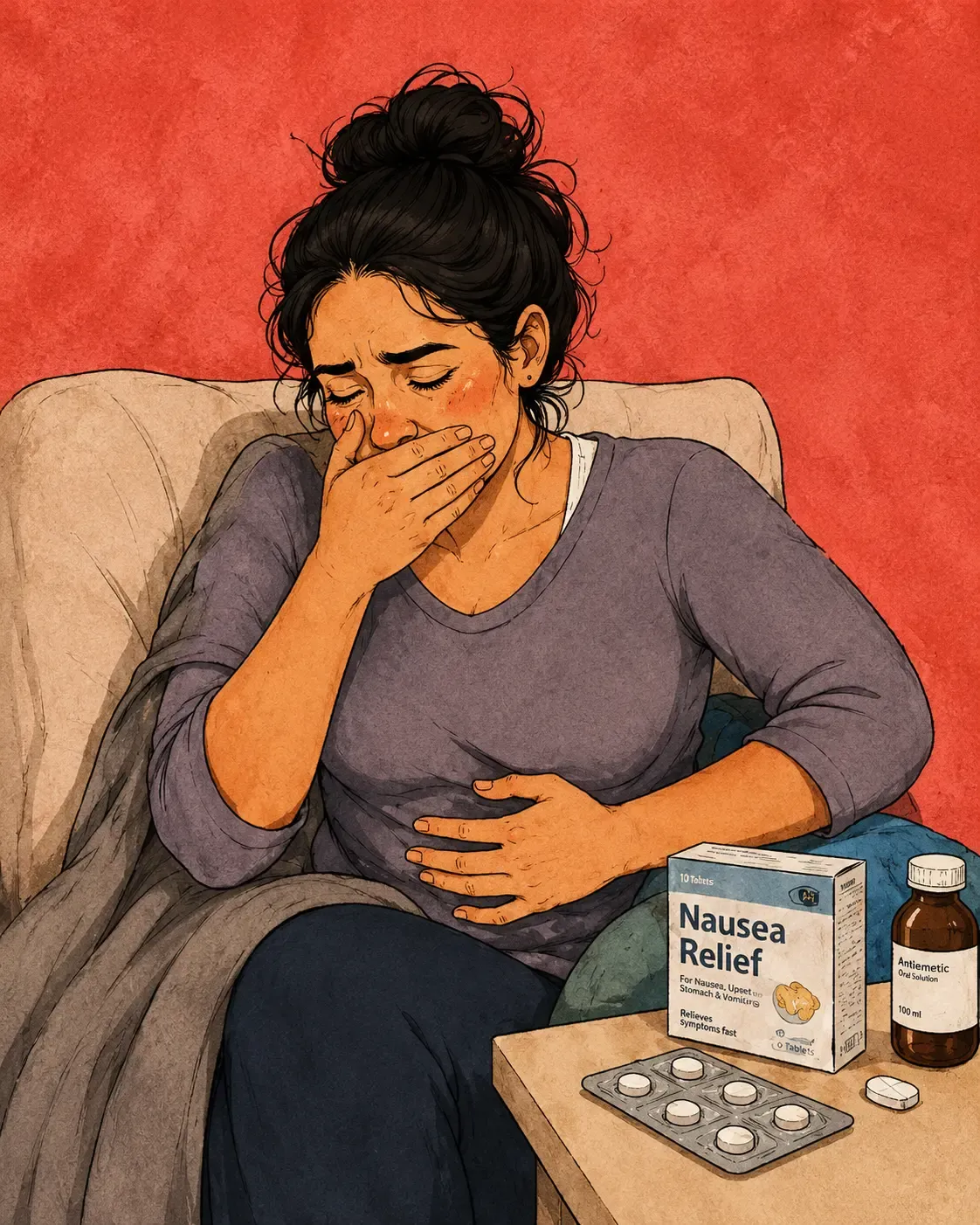 Woman experiencing nausea and stomach pain with  nausea relief medication — GLP-1 side effects  management by AllGLP