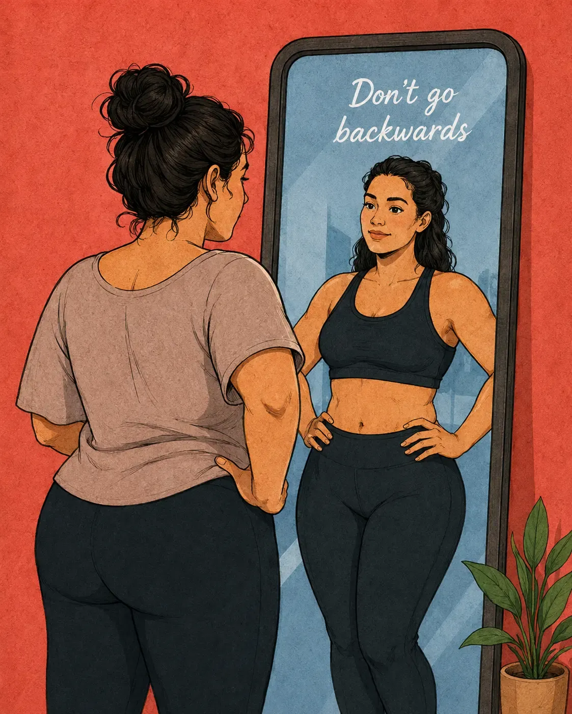 Woman seeing her future fit self in mirror with  Don't Go Backwards motivational message — GLP-1  weight regain risk by AllGLP