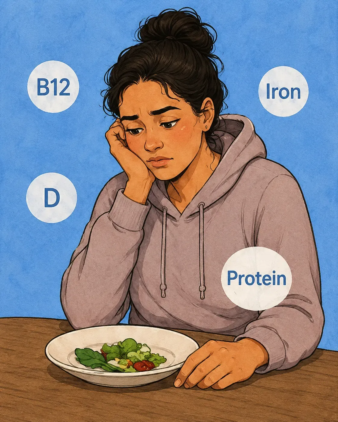 Woman with small salad plate showing nutritional  gaps including B12 Iron Vitamin D and Protein —  GLP-1 hidden muscle loss and deficiency by AllGLP