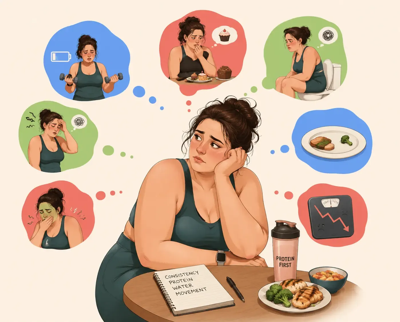 Overwhelmed woman on couch with GLP-1  medication surrounded by icons showing nausea,  fatigue, muscle loss, constipation, food cravings  and weight concerns — GLP-1 side effects and  challenges illustration by AllGLP