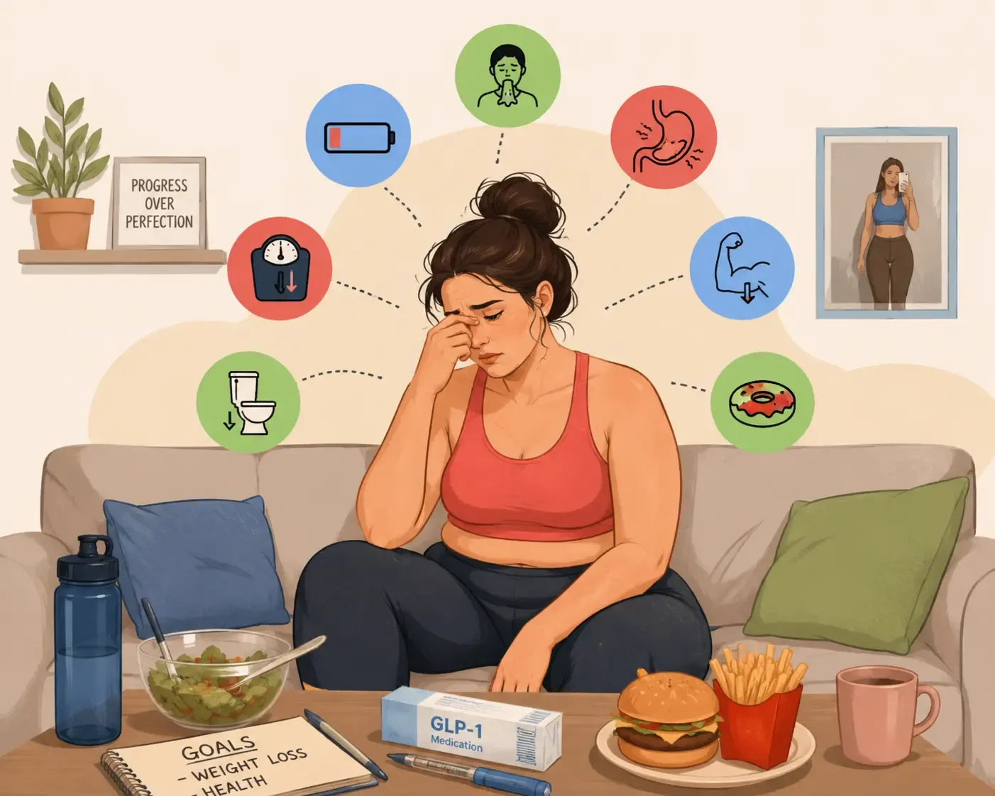 Woman at table with protein shake and healthy  meal surrounded by thought bubbles showing GLP-1  challenges including fatigue, food noise, nausea,  constipation and weight loss plateau — GLP-1  consistency and protein first strategy illustration  by AllGLP