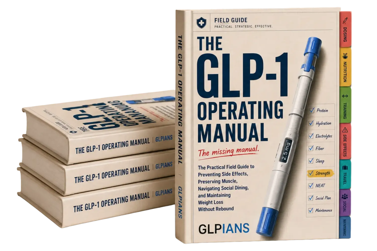 The GLP-1 Operating Manual hardcover book mockup  showing 1 standing and 3 stacked copies with injection  pen and tab dividers — practical field guide for  preventing side effects and preserving muscle by GLPians