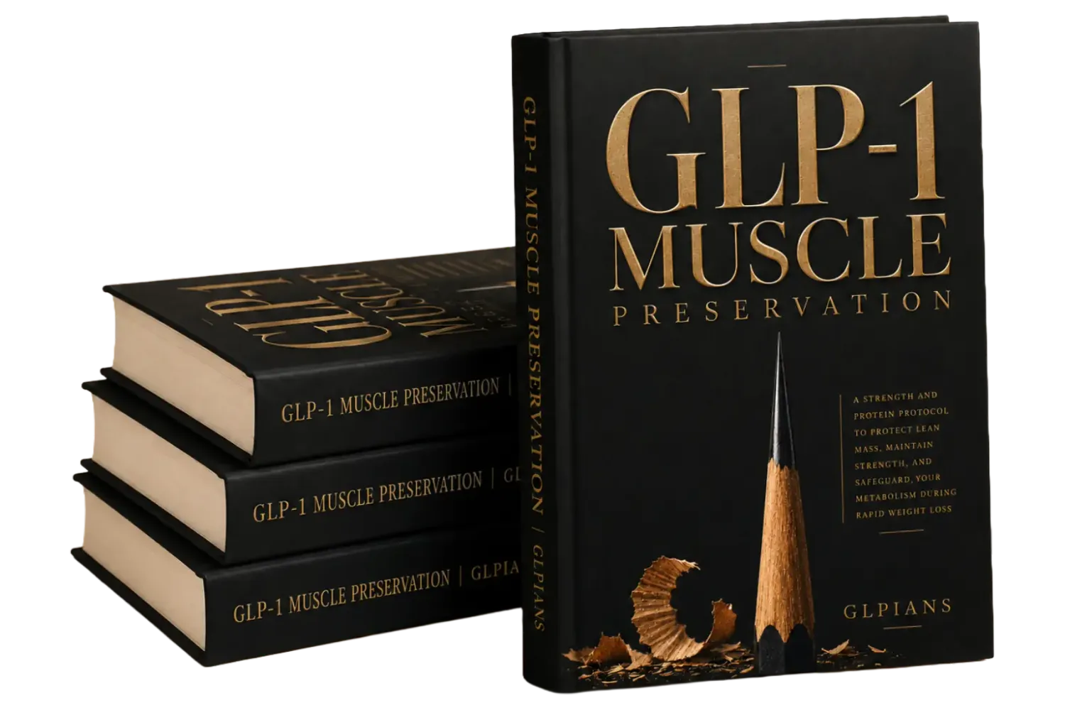 GLP-1 Muscle Preservation hardcover book mockup  with gold typography on black cover showing 1 standing  and 3 stacked copies — strength and protein protocol  guide by GLPians