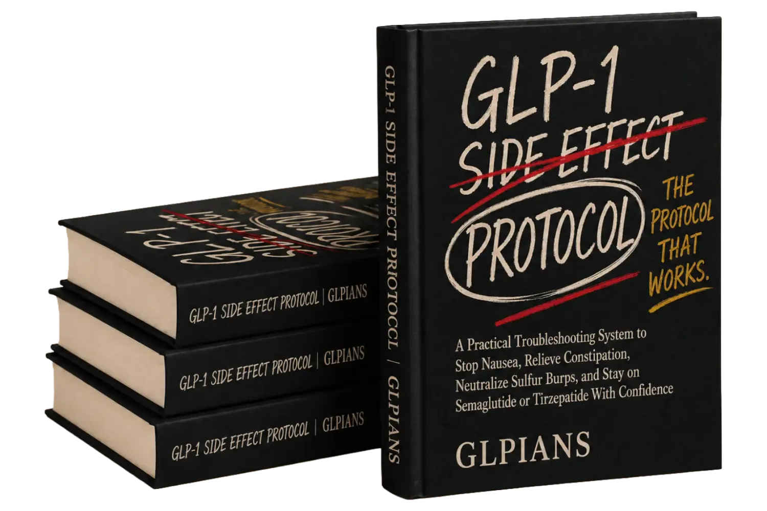 GLP-1 Side Effect Protocol hardcover book mockup  with chalk handwritten style on black cover showing  1 standing and 3 stacked copies — practical  troubleshooting system for nausea and constipation  by GLPians  Image 5 — First 30 Days Survival Playbook: File name: glpians-glp1-first-30-days-survival-playbook-book-mockup.webp  Alt: The First 30 Days GLP-1 Survival Playbook hardcover  book mockup with blue to gold gradient cover showing  1 standing and 3 stacked copies — guide to stop nausea  eliminate sulfur burps and survive shot day fatigue  by GLPians  Image 6 — Tiny Meals Big Results: File name: glpians-tiny-meals-big-results-book-mockup.webp  Alt: Tiny Meals Big Results hardcover book mockup with  dark space galaxy and floating food items on cover  showing 1 standing and 3 stacked copies — GLP-1  slowed stomach guide for hitting protein goals  by GLPians  Image 7 — Food Noise After GLP-1: File name: glpians-food-noise-after-glp1-book-mockup.webp  Alt: Food Noise After GLP-1 hardcover book mockup with  bold orange pink yellow watercolor gradient cover  showing 1 standing and 3 stacked copies — step by step  blueprint to control rebound hunger and quiet cravings  by GLPians  Image 8 — Post GLP-1 Exit Strategy: File name: glpians-post-glp1-exit-strategy-book-mockup.webp  Alt: The Post GLP-1 Exit Strategy hardcover book mockup  with REGAIN erasing pencil design on beige textured  cover showing 1 standing and 3 stacked copies —  transition playbook to silence food noise and protect  muscle by GLPians  Image 9 — GLP-1 Success Audit (Version 1): File name: glpians-glp1-success-audit-book-mockup-v1.webp  Alt: The GLP-1 Success Audit free guide book mockup  with blue to green gradient cover and handwritten  annotations showing 1 leaning and 3 stacked copies —  7 hidden mistakes that lead to side effects muscle  loss and weight regain by GLPians  Image 10 — GLP-1 Success Audit (Version 2): File name: glpians-glp1-success-audit-book-mockup-v2.webp  Alt: The GLP-1 Success Audit free instant access book  mockup with blue yellow green gradient cover showing  1 standing and 3 stacked copies — 7 hidden mistakes  guide for GLP-1 users by GLPians  💡 Quick Tips: Image 9 vs 10: Dono same book hain — alag arrangement hai. Image 10 use karo sales page pe — zyada premium lagti hai (1 standing + 3 stacked properly aligned). SEO Tip: Jab Systeme.io mein upload karo — pehle file rename karo, phir upload karo. File name bhi Google ko signal deta hai! 🎯