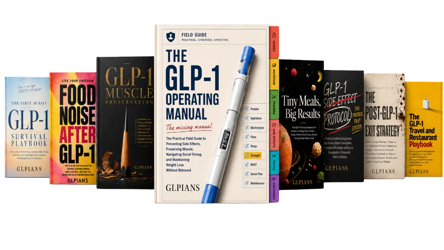 Complete GLPians bundle showing all 8 books in  a fan spread display — The GLP-1 Operating Manual  centered with First 30 Days Survival Playbook Food  Noise After GLP-1 Muscle Preservation Tiny Meals Big  Results Side Effect Protocol Post GLP-1 Exit Strategy  and Travel Restaurant Playbook by GLPians