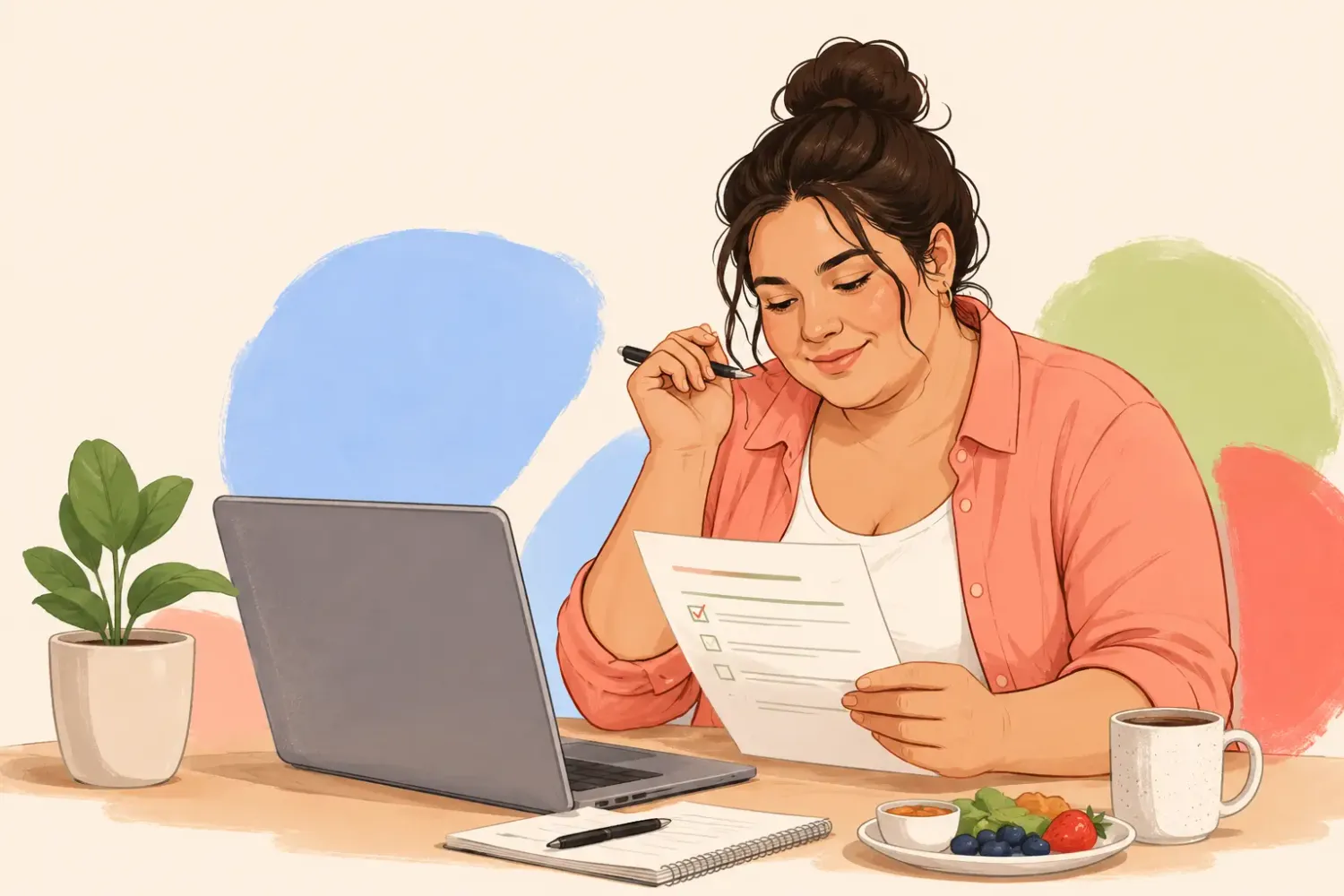 Editorial watercolor style illustration of a woman reviewing her GLP-1 success framework plan at a dining table with a laptop