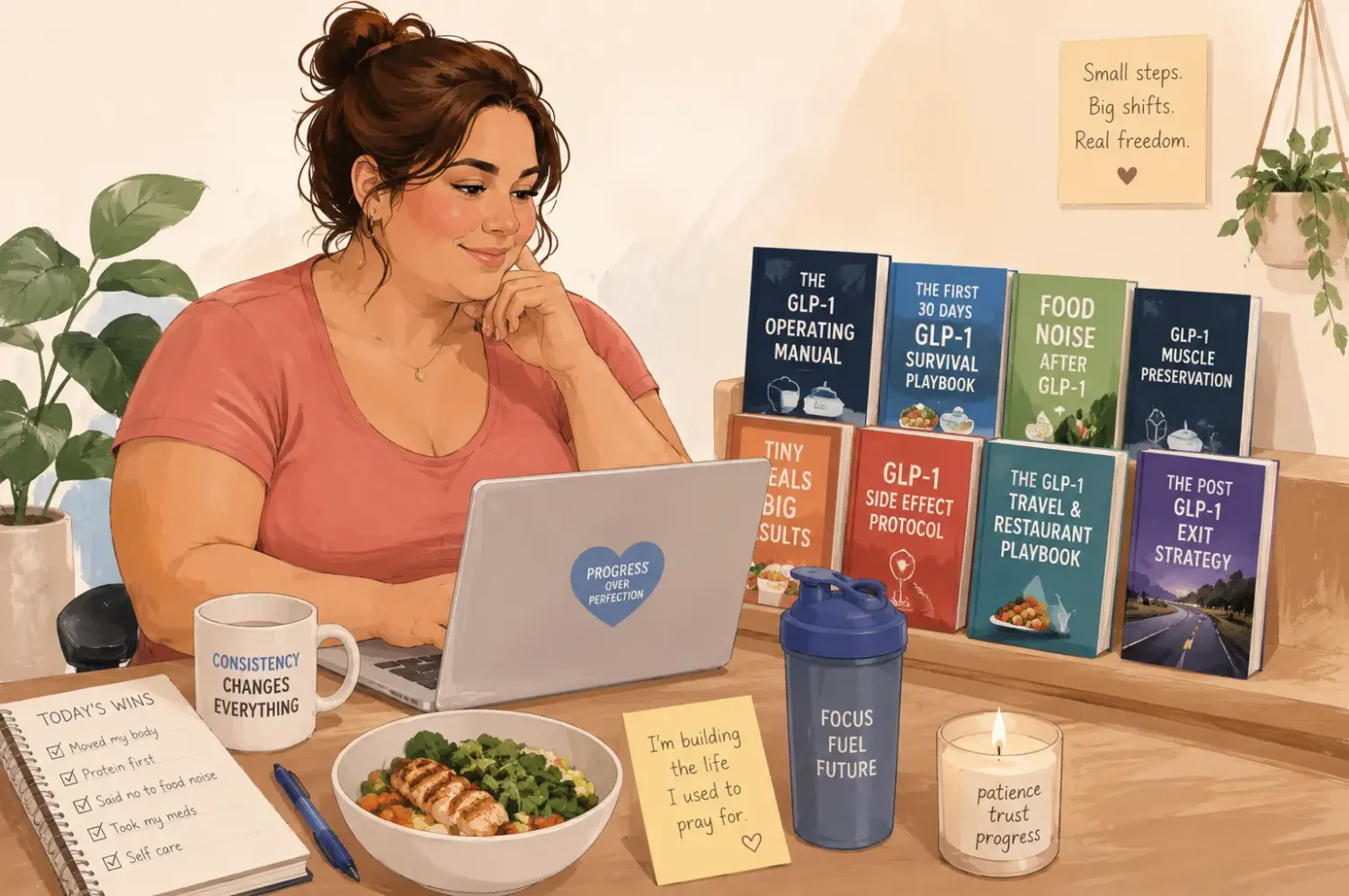 Watercolor artwork showing a person taking structured lifestyle notes next to a healthy green drink
