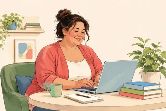 Watercolor artwork of a woman checking her GLP-1 success audit on a laptop with coffee