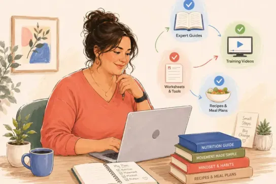 Watercolor artwork showing a woman taking strategic actions while analyzing clinical framework books