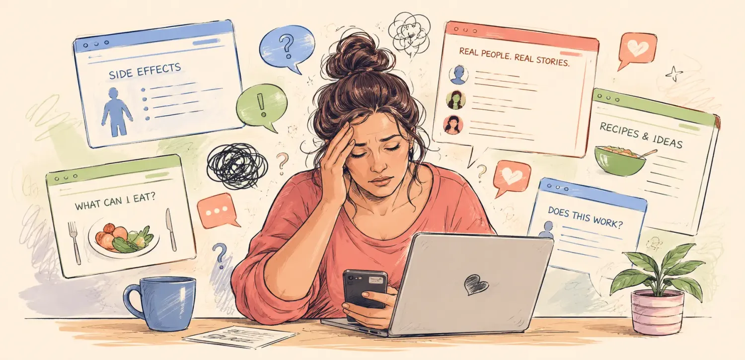 Woman overwhelmed by conflicting GLP-1 medication advice, side effects, recipes, and online information while searching for trusted guidance.