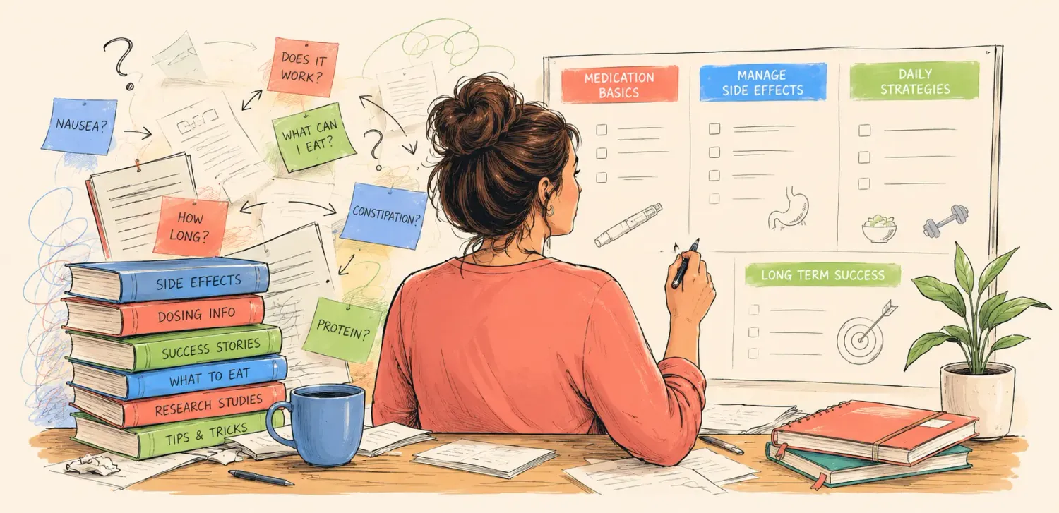 Woman confidently using organized GLP-1 guides, practical frameworks, and planning tools to manage her health journey.