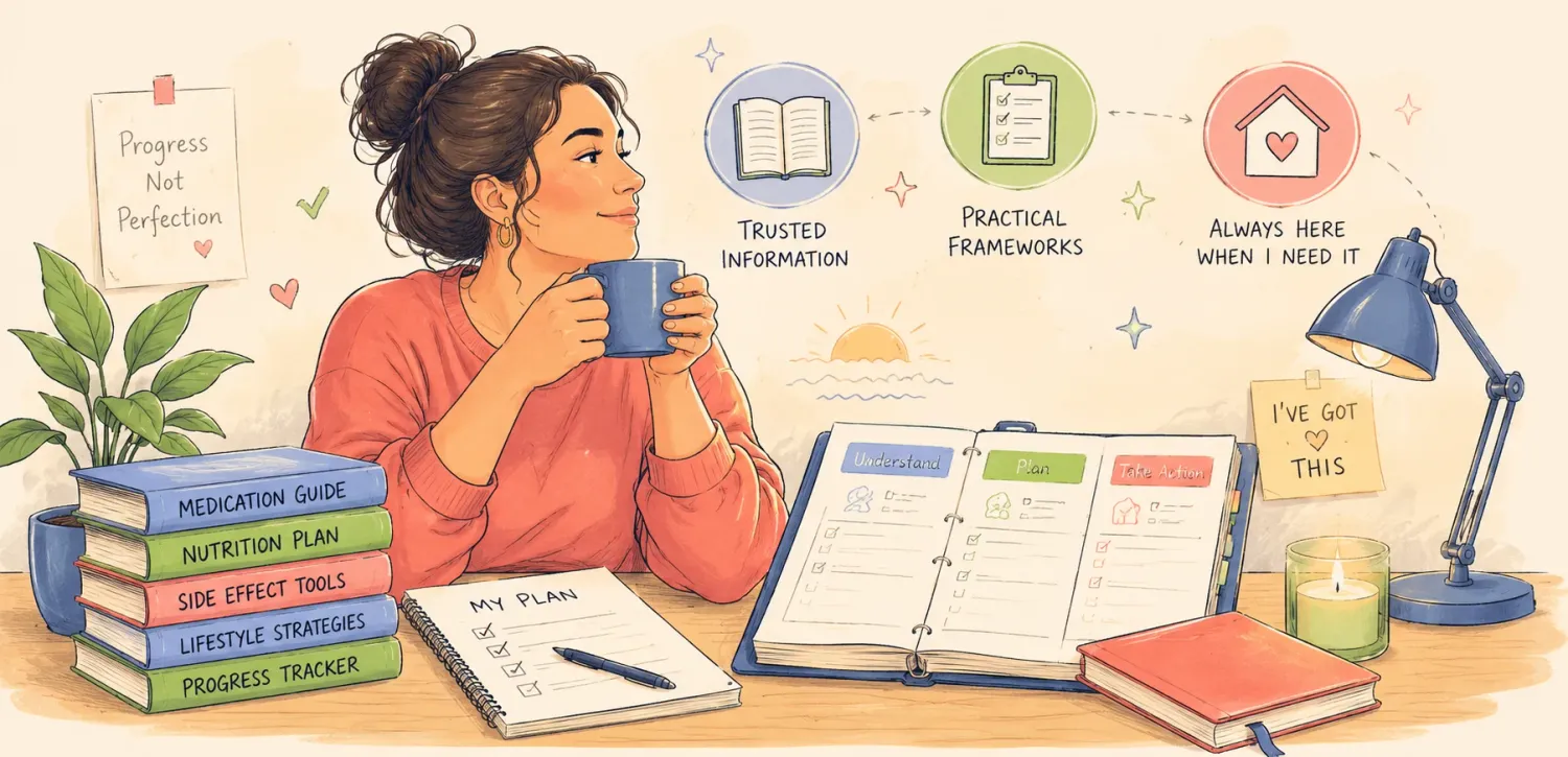 Illustration of a woman organizing GLP-1 medication information into a clear action plan with checklists and practical strategies.