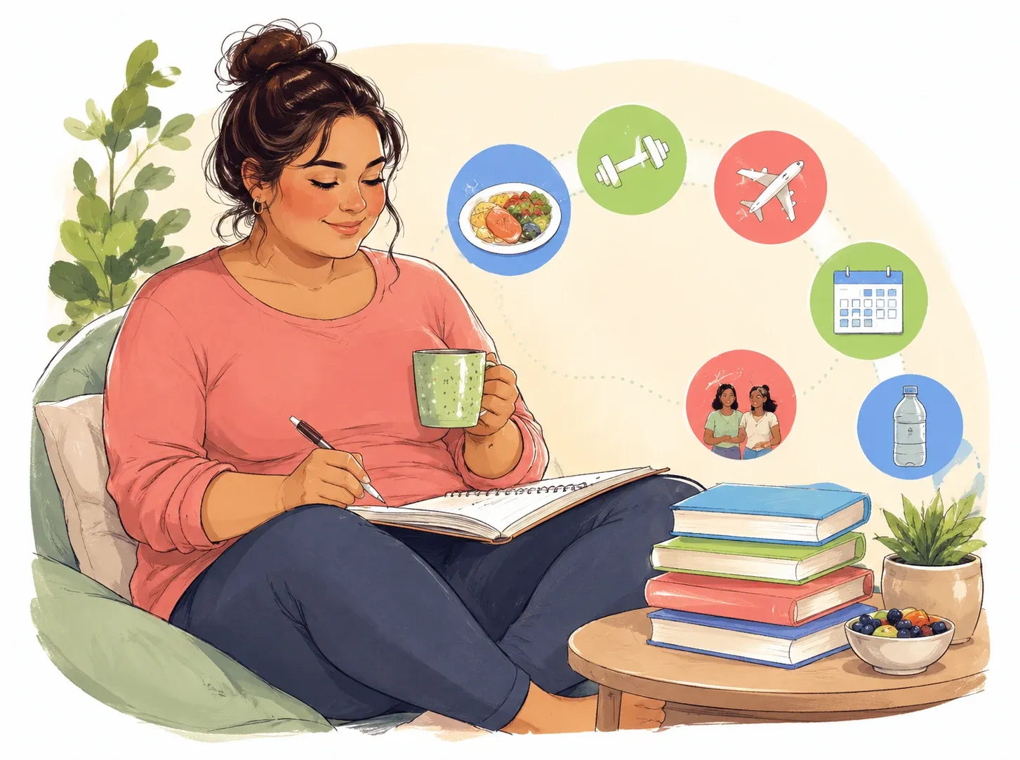 woman following a practical GLP-1 lifestyle plan with books, meal planning, hydration, exercise, travel, and daily routines.