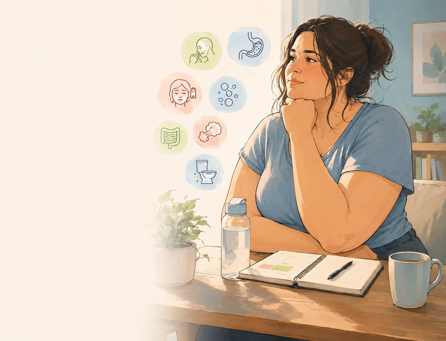 GLP-1 user sitting comfortably with coffee  and notebook confidently navigating first six months  of GLP-1 medication journey with greater confidence